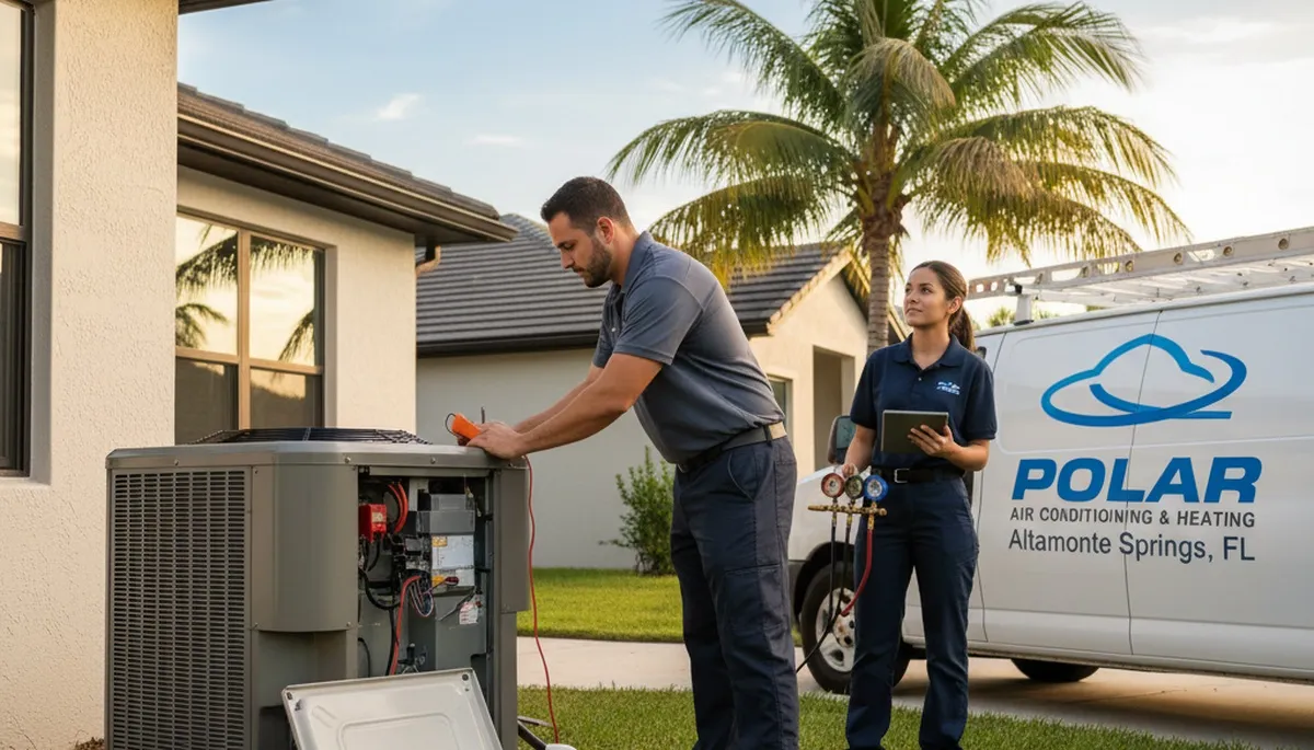 HVAC technician performing AC repair service in Orlando FL home for orlandoflacrepair.com