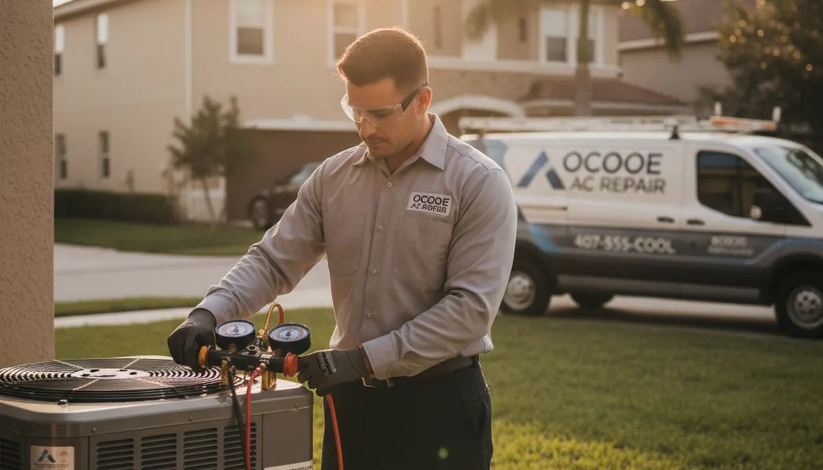 Professional AC repair technician servicing air conditioner in Orlando FL home