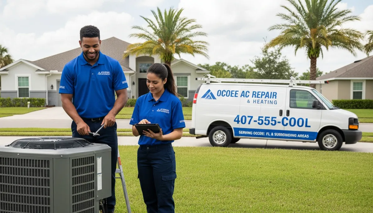 HVAC technician performing residential AC repair service in Orlando FL for orlandoflacrepair.com