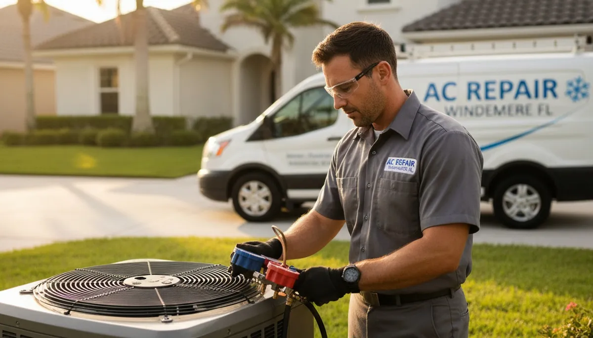 Professional AC repair technician servicing air conditioner unit in Orlando FL home