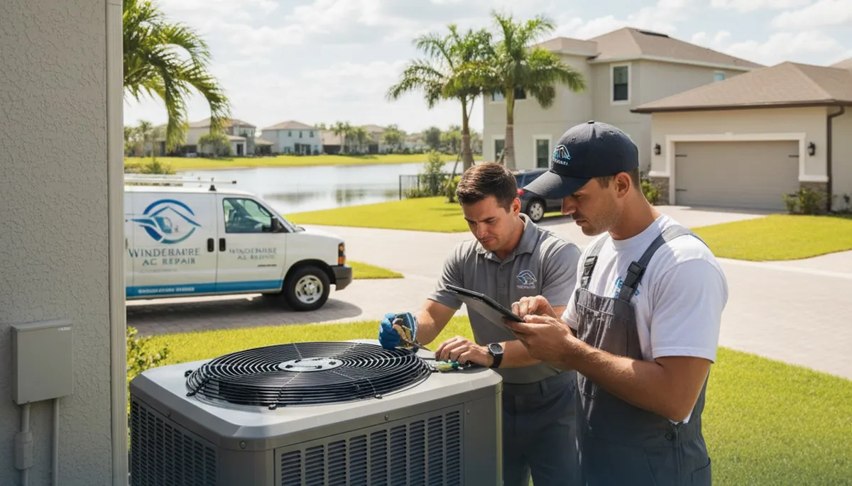 Professional AC repair technician servicing air conditioner unit in Orlando FL home