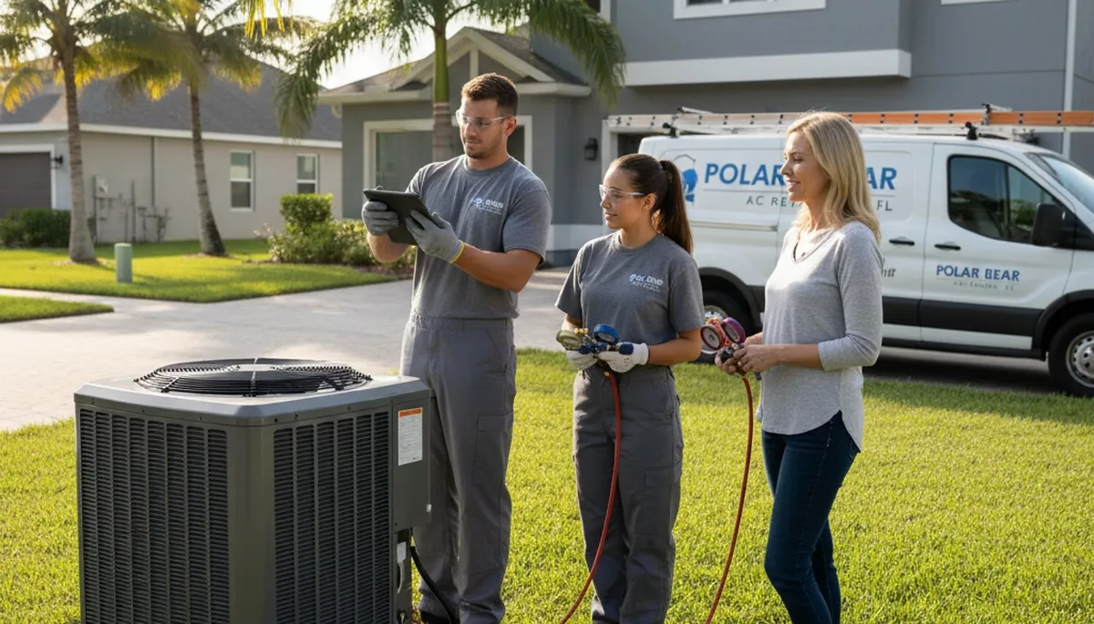 Professional AC repair technician servicing air conditioner in Orlando FL home