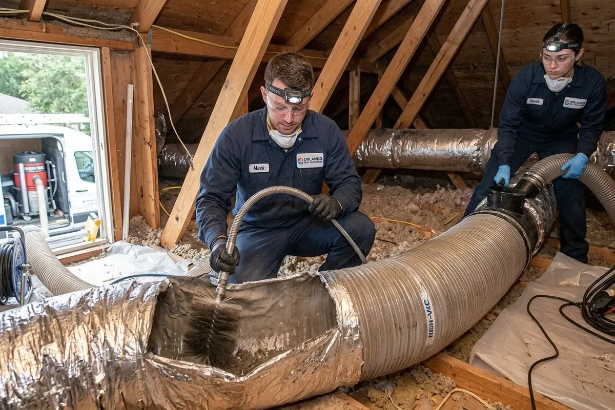Technicians performing air duct cleaning with vacuum equipment in Orlando FL home for better airflow
